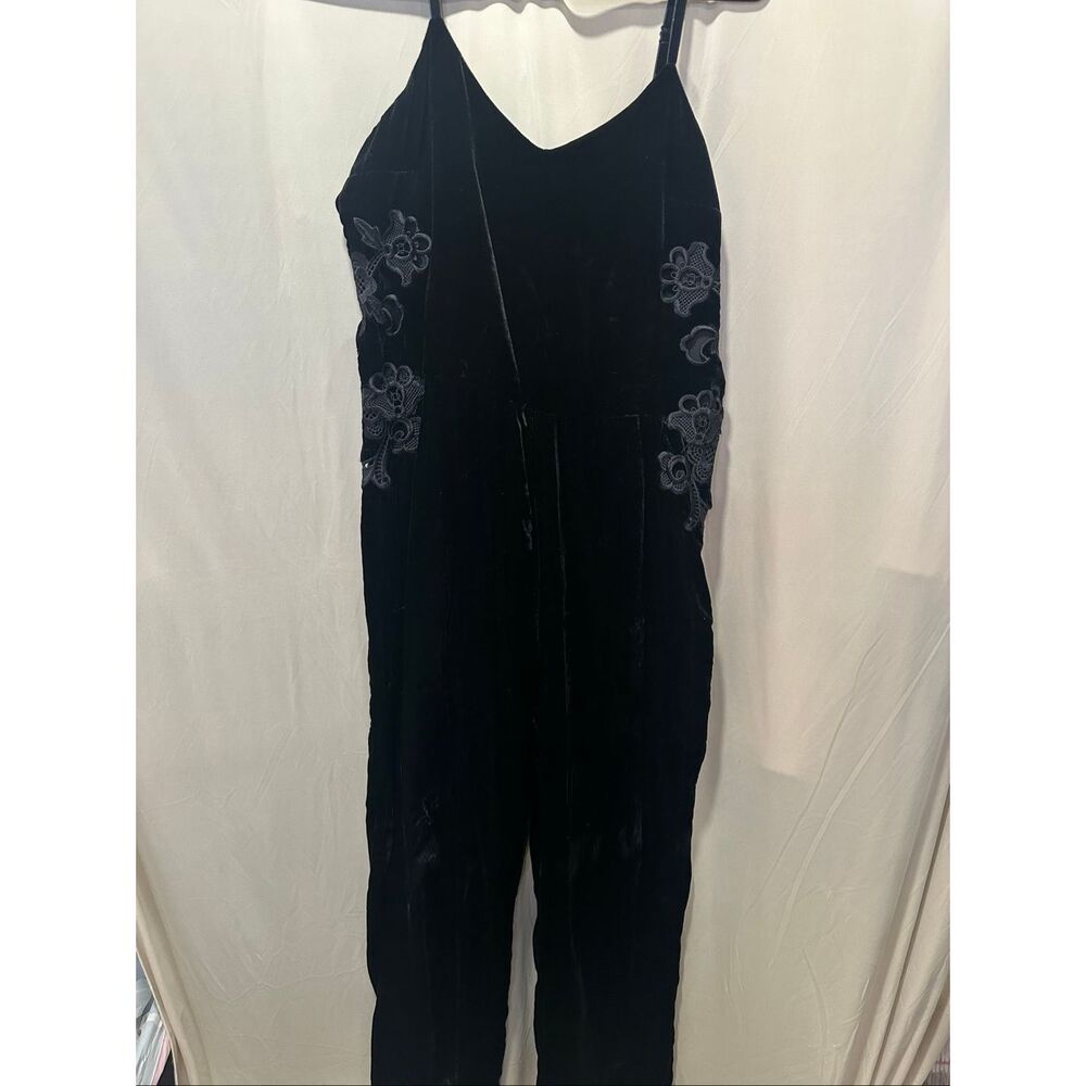Sandro Paris Emilia Black Velvet Jumpsuit Lace Embroidered Straight Leg Sleevele - Picture 3 of 11